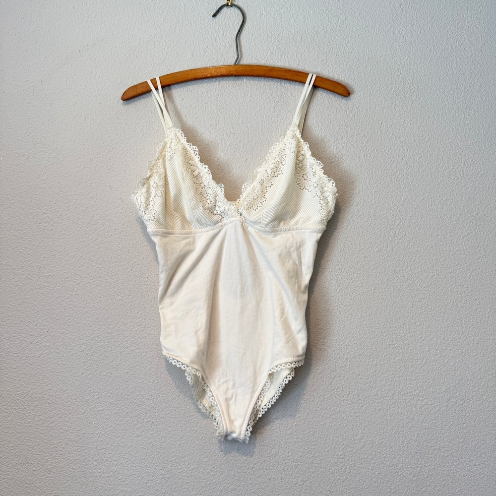 Aerie Lingerie Cream Lace Trim Ribbed Bodysuit L V-Neck Open Back Sleeveless